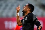 28 July 2021; Sione Molia of New Zealand celebrates after scoring his side's second try during the Men's Rugby Sevens gold medal match between Fiji and New Zealand at the Tokyo Stadium during the 2020 Tokyo Summer Olympic Games in Tokyo, Japan. Photo by Ramsey Cardy/Sportsfile