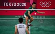 28 July 2021; Nhat Nyugen of Ireland in action against Tzu-Wei Wang of Chinese Taipei during the men's singles group play stage match at the Musashino Forest Sport Plaza during the 2020 Tokyo Summer Olympic Games in Tokyo, Japan. Photo by Brendan Moran/Sportsfile
