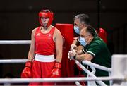 28 July 2021; Aoife O'Rourke of Ireland with coaches John Conlan and Zaur Antia, right, before her women's middleweight round of 16 bout at the Kokugikan Arena during the 2020 Tokyo Summer Olympic Games in Tokyo, Japan. Photo by Stephen McCarthy/Sportsfile