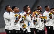 28 July 2021; The Fiji team celebrate following their victory in the Men's Rugby Sevens gold medal match between Fiji and New Zealand at the Tokyo Stadium during the 2020 Tokyo Summer Olympic Games in Tokyo, Japan. Photo by Ramsey Cardy/Sportsfile