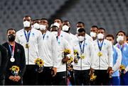 28 July 2021; The Fiji team following their victory in the Men's Rugby Sevens gold medal match between Fiji and New Zealand at the Tokyo Stadium during the 2020 Tokyo Summer Olympic Games in Tokyo, Japan. Photo by Ramsey Cardy/Sportsfile