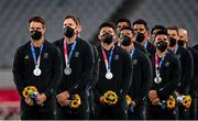 28 July 2021; New Zealand players with their silver medals following the Men's Rugby Sevens gold medal match between Fiji and New Zealand at the Tokyo Stadium during the 2020 Tokyo Summer Olympic Games in Tokyo, Japan. Photo by Ramsey Cardy/Sportsfile