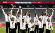 28 July 2021; The Fiji team celebrate following their victory in the Men's Rugby Sevens gold medal match between Fiji and New Zealand at the Tokyo Stadium during the 2020 Tokyo Summer Olympic Games in Tokyo, Japan. Photo by Ramsey Cardy/Sportsfile