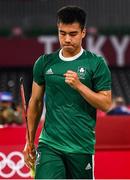 28 July 2021; Nhat Nyugen of Ireland celebrates a score during the men's singles group play stage match against Tzu-Wei Wang of Chinese Taipei at the Musashino Forest Sport Plaza during the 2020 Tokyo Summer Olympic Games in Tokyo, Japan. Photo by Brendan Moran/Sportsfile