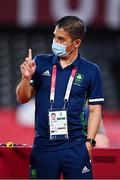 28 July 2021; Ireland Coach Davis Efraim during the men's singles group play stage match between Nhat Nyugen of Ireland and Tzu-Wei Wang of Chinese Taipei at the Musashino Forest Sport Plaza during the 2020 Tokyo Summer Olympic Games in Tokyo, Japan. Photo by Brendan Moran/Sportsfile