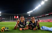 28 July 2021; Meli Derenalagi, left, and Bolaca Napolioni of Fiji with their gold medals following victory in the Men's Rugby Sevens gold medal match between Fiji and New Zealand at the Tokyo Stadium during the 2020 Tokyo Summer Olympic Games in Tokyo, Japan. Photo by Ramsey Cardy/Sportsfile