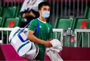 28 July 2021; Nhat Nyugen of Ireland leaves the court following defeat in the men's singles group play stage match against Tzu-Wei Wang of Chinese Taipei at the Musashino Forest Sport Plaza during the 2020 Tokyo Summer Olympic Games in Tokyo, Japan. Photo by Brendan Moran/Sportsfile