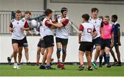 28 July 2021; Midlands players including David Moore, centre left, and Patrick Dooley, celebrate after scoring their first try during the Shane Horgan Cup Round 1 match between Midlands and North Midlands at Energia Park in Dublin. Photo by Sam Barnes/Sportsfile