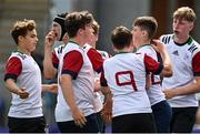 28 July 2021; Ciaran McKenna of Midlands, second from right, celebrates with team-mates after scoring their side's second try during the Shane Horgan Cup Round 1 match between Midlands and North Midlands at Energia Park in Dublin. Photo by Sam Barnes/Sportsfile