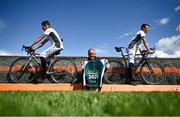 28 July 2021; Former jockey Ruby Walsh, centre, with jockeys Bryan Cooper, left, and Paul Townend pose for a photo to promote the Coast to Curragh charity cycle in memory of Pat Smullen which will take place on the 25 September starting at Laytown and finishing at the Curragh prior to racing on day three of the Galway Races Summer Festival at Ballybrit Racecourse in Galway. Photo by David Fitzgerald/Sportsfile