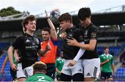 28 July 2021; Mark Cleary of Metro, second from right, celebrates after scoring his side's first try during the Shane Horgan Cup Round 1 match between Metro and South East at Energia Park in Dublin. Photo by Sam Barnes/Sportsfile