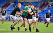28 July 2021; Shane Duffy of South East on his way to score a try despite the efforts of Ethan Fennell, left, and Christopher Ascough of Metro during the Shane Horgan Cup Round 1 match between Metro and South East at Energia Park in Dublin. Photo by Sam Barnes/Sportsfile