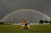 28 July 2021; Referee Thomas Gleeson with Kilkenny captain Harry Shine and Wexford captain Luke Murphy before the 2021 Electric Ireland Leinster Minor Hurling Championship Final match between Kilkenny and Wexford at Netwatch Cullen Park in Carlow. Photo by Matt Browne/Sportsfile