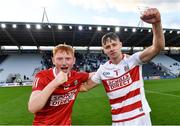 28 July 2021; Cork players Jack Cahalane, left, and Cathal Wilson celebrate after their side's victory in the Munster GAA Hurling U20 Championship Final match between Cork and Limerick at Páirc Uí Chaoimh in Cork. Photo by Piaras Ó Mídheach/Sportsfile