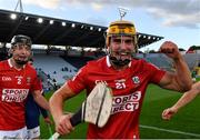 28 July 2021; Cork players Michéal Mullins, right, and Eoin Downey celebrate after their side's victory in the Munster GAA Hurling U20 Championship Final match between Cork and Limerick at Páirc Uí Chaoimh in Cork. Photo by Piaras Ó Mídheach/Sportsfile