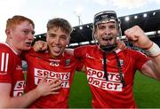 28 July 2021; Cork players, from left, Jack Cahalane, Diarmuid Kearney and Sam Quirke celebrate after their side's victory in the Munster GAA Hurling U20 Championship Final match between Cork and Limerick at Páirc Uí Chaoimh in Cork. Photo by Piaras Ó Mídheach/Sportsfile