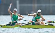 29 July 2021; Fintan McCarthy, left, and Paul O'Donovan of Ireland celebrate after winning the Men's Lightweight Double Sculls final at the Sea Forest Waterway during the 2020 Tokyo Summer Olympic Games in Tokyo, Japan. Photo by Seb Daly/Sportsfile