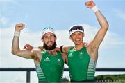 29 July 2021; Paul O'Donovan, left, and Fintan McCarthy of Ireland celebrate after winning the Men's Lightweight Double Sculls final at the Sea Forest Waterway during the 2020 Tokyo Summer Olympic Games in Tokyo, Japan. Photo by Seb Daly/Sportsfile