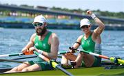 29 July 2021; Paul O'Donovan, left, and Fintan McCarthy of Ireland celebrate after winning the Men's Lightweight Double Sculls final at the Sea Forest Waterway during the 2020 Tokyo Summer Olympic Games in Tokyo, Japan. Photo by Brendan Moran/Sportsfile
