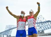 29 July 2021; Martin Sinkovic, left, and Valent Sinkovic of Croatia celebrate winning the Men's Pair final A at the Sea Forest Waterway during the 2020 Tokyo Summer Olympic Games in Tokyo, Japan. Photo by Seb Daly/Sportsfile
