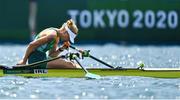 29 July 2021; Sanita Pušpure of Ireland reacts after finishing in fifth place in the Women's Single Sculls semi-final A/B at the Sea Forest Waterway during the 2020 Tokyo Summer Olympic Games in Tokyo, Japan. Photo by Brendan Moran/Sportsfile