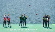 29 July 2021; Fintan McCarthy and Paul O'Donovan of Ireland celebrate with their gold medals, alongside silver medalists Jonathan Rommelmann and Jason Osborne of Germany, left, and bronze medalists Stefano Oppo and Pietro Ruta of Italy, right, after the Men's Lightweight Double Sculls final at the Sea Forest Waterway during the 2020 Tokyo Summer Olympic Games in Tokyo, Japan. Photo by Seb Daly/Sportsfile
