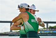 29 July 2021; Fintan McCarthy, right, and Paul O'Donovan of Ireland congratulate each other after winning the Men's Lightweight Double Sculls final at the Sea Forest Waterway during the 2020 Tokyo Summer Olympic Games in Tokyo, Japan. Photo by Seb Daly/Sportsfile