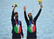 29 July 2021; Stefano Oppo, left, and Pietro Ruta of Italy celebrate on the podium after finishing third in the Men's Lightweight Double Sculls final at the Sea Forest Waterway during the 2020 Tokyo Summer Olympic Games in Tokyo, Japan. Photo by Seb Daly/Sportsfile