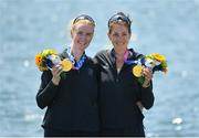 29 July 2021; Grace Prendergast, left, and Kerri Gowler of New Zealand celebrate with their gold medals after winning the Women's Pair final at the Sea Forest Waterway during the 2020 Tokyo Summer Olympic Games in Tokyo, Japan. Photo by Seb Daly/Sportsfile