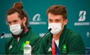 29 July 2021; Fintan McCarthy of Ireland, right, speaking during a media conference after winning gold in the Men's Lightweight Double Sculls, with team-mate Paul O'Donovan, at the Sea Forest Waterway during the 2020 Tokyo Summer Olympic Games in Tokyo, Japan. Photo by Seb Daly/Sportsfile
