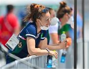29 July 2021; Aifric Keogh of Ireland is interviewed in the mixed zone, after winning bronze in the Women's Four yesterday, at the Sea Forest Waterway during the 2020 Tokyo Summer Olympic Games in Tokyo, Japan. Photo by Seb Daly/Sportsfile