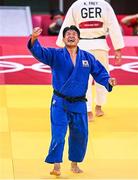 29 July 2021; Guham Cho of South Korea celebrates after defeating Karl-Richard Frey of Germany in their men's -100 kg quarter-final match at the Nippon Budokan during the 2020 Tokyo Summer Olympic Games in Tokyo, Japan. Photo by Ramsey Cardy/Sportsfile