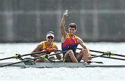 29 July 2021; Caetano Horta Pombo, left, and Manel Balastegui of Spain celebrate after winning the Men's Lightweight Double Sculls final B at the Sea Forest Waterway during the 2020 Tokyo Summer Olympic Games in Tokyo, Japan. Photo by Seb Daly/Sportsfile