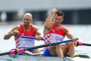 29 July 2021; Valent Sinkovic, right, and Martin Sinkovic of Croatia celebrate after winning gold in the Men's Pair final during the EVENT at the Sea Forest Waterway during the 2020 Tokyo Summer Olympic Games in Tokyo, Japan. Photo by Brendan Moran/Sportsfile