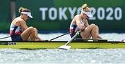 29 July 2021; Helen Glover, left, and Polly Swann of Great Britain after finishing the Women's Pair final at the Sea Forest Waterway during the 2020 Tokyo Summer Olympic Games in Tokyo, Japan. Photo by Brendan Moran/Sportsfile