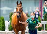 29 July 2021; Sarah Ennis and Horseware Woodcourt Garrison during the eventing horse inspection at the Equestrian Park during the 2020 Tokyo Summer Olympic Games in Tokyo, Japan. Photo by Pierre Costabadie/Sportsfile