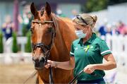 29 July 2021; Sarah Ennis and Horseware Woodcourt Garrison during the eventing horse inspection at the Equestrian Park during the 2020 Tokyo Summer Olympic Games in Tokyo, Japan. Photo by Pierre Costabadie/Sportsfile