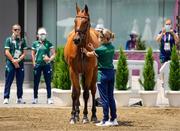 29 July 2021; Sarah Ennis and Horseware Woodcourt Garrison during the eventing horse inspection at the Equestrian Park during the 2020 Tokyo Summer Olympic Games in Tokyo, Japan. Photo by Pierre Costabadie/Sportsfile