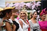 29 July 2021; Racegoer Caroline Downey from Tuam, Galway, centre, alongside other ladies prior to racing on day four of the Galway Races Summer Festival at Ballybrit Racecourse in Galway. Photo by David Fitzgerald/Sportsfile