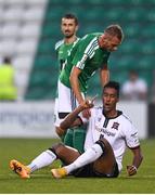 22 July 2021; Marko Putincanin of Levadia attempts to assist Sonni Nattestad of Dundalk to his feet after fouling him during the UEFA Europa Conference League second qualifying round first leg match between Dundalk and Levadia at Tallaght Stadium in Dublin. Photo by Ben McShane/Sportsfile
