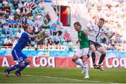 29 July 2021; David McMillan of Dundalk has a header saved by Karl Andre Vallner of Levadia during the UEFA Europa Conference League second qualifying round second leg match between Levadia and Dundalk at Lillekula Stadium in Tallinn, Estonia. Photo by Joosep Martinson/Sportsfile