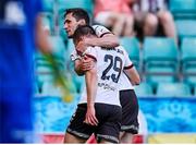 29 July 2021; David McMillan of Dundalk, left, celebrates with team-mate Raivis Jurkovskis after scoring his side's first goal during the UEFA Europa Conference League second qualifying round second leg match between Levadia and Dundalk at Lillekula Stadium in Tallinn, Estonia. Photo by Joosep Martinson/Sportsfile