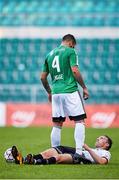 29 July 2021; Maximiliano Uggè of Levadia stands over David McMillan of Dundalk during the UEFA Europa Conference League second qualifying round second leg match between Levadia and Dundalk at Lillekula Stadium in Tallinn, Estonia. Photo by Joosep Martinson/Sportsfile
