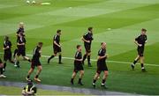 29 July 2021; Rory Feely, right, and Ciarán Kelly, second from right, lead the Bohemians warm-up before the UEFA Europa Conference League second qualifying round second leg match between Bohemians and F91 Dudelange at the Aviva Stadium in Dublin. Photo by Ben McShane/Sportsfile