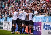 29 July 2021; Dundalk players celebrate after William Patching scored their side's winning goal in injury time during the UEFA Europa Conference League second qualifying round second leg match between Levadia and Dundalk at Lillekula Stadium in Tallinn, Estonia. Photo by Joosep Martinson/Sportsfile