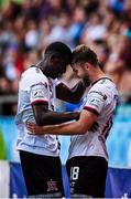 29 July 2021; Wilfried Zahibo, left, congratulates team-mate William Patching of Dundalk after scoring his side's winning goal in injury time during the UEFA Europa Conference League second qualifying round second leg match between Levadia and Dundalk at Lillekula Stadium in Tallinn, Estonia. Photo by Joosep Martinson/Sportsfile