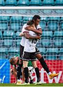 29 July 2021; Sonni Nattestad of Dundalk embraces team-mate Darragh Leahy, 15, after the final whistle during the UEFA Europa Conference League second qualifying round second leg match between Levadia and Dundalk at Lillekula Stadium in Tallinn, Estonia. Photo by Joosep Martinson/Sportsfile