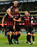 29 July 2021; Rob Cornwall of Bohemians, left, celebrates with team-mates after scoring his side's first during the UEFA Europa Conference League second qualifying round second leg match between Bohemians and F91 Dudelange at Aviva Stadium in Dublin. Photo by Eóin Noonan/Sportsfile