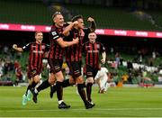 29 July 2021; Rob Cornwall of Bohemians celebrates after scoring his side's first goal during the UEFA Europa Conference League second qualifying round second leg match between Bohemians and F91 Dudelange at Aviva Stadium in Dublin. Photo by Eóin Noonan/Sportsfile