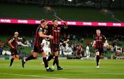 29 July 2021; Rob Cornwall of Bohemians celebrates after scoring his side's first goal during the UEFA Europa Conference League second qualifying round second leg match between Bohemians and F91 Dudelange at Aviva Stadium in Dublin. Photo by Eóin Noonan/Sportsfile